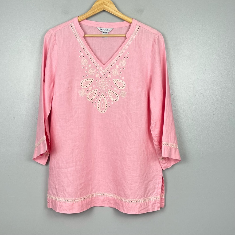 Tommy Bahama women’s pink 100% linen 3/4 sleeve tunic length top, XS.